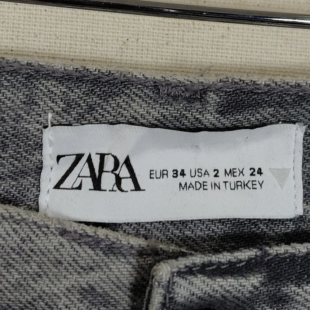 Zara Gray Acid Wash Distressed Button Fly Straight Leg Jeans Women Size 2